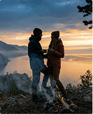 Двое путешественников с видом на горы и воду на закате